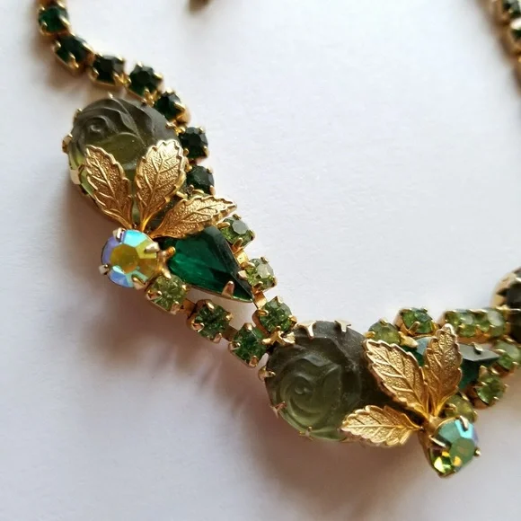 Relisted- Vintage necklace green rhinestones givre rose choker gold leaf leaves - Picture 7 of 8